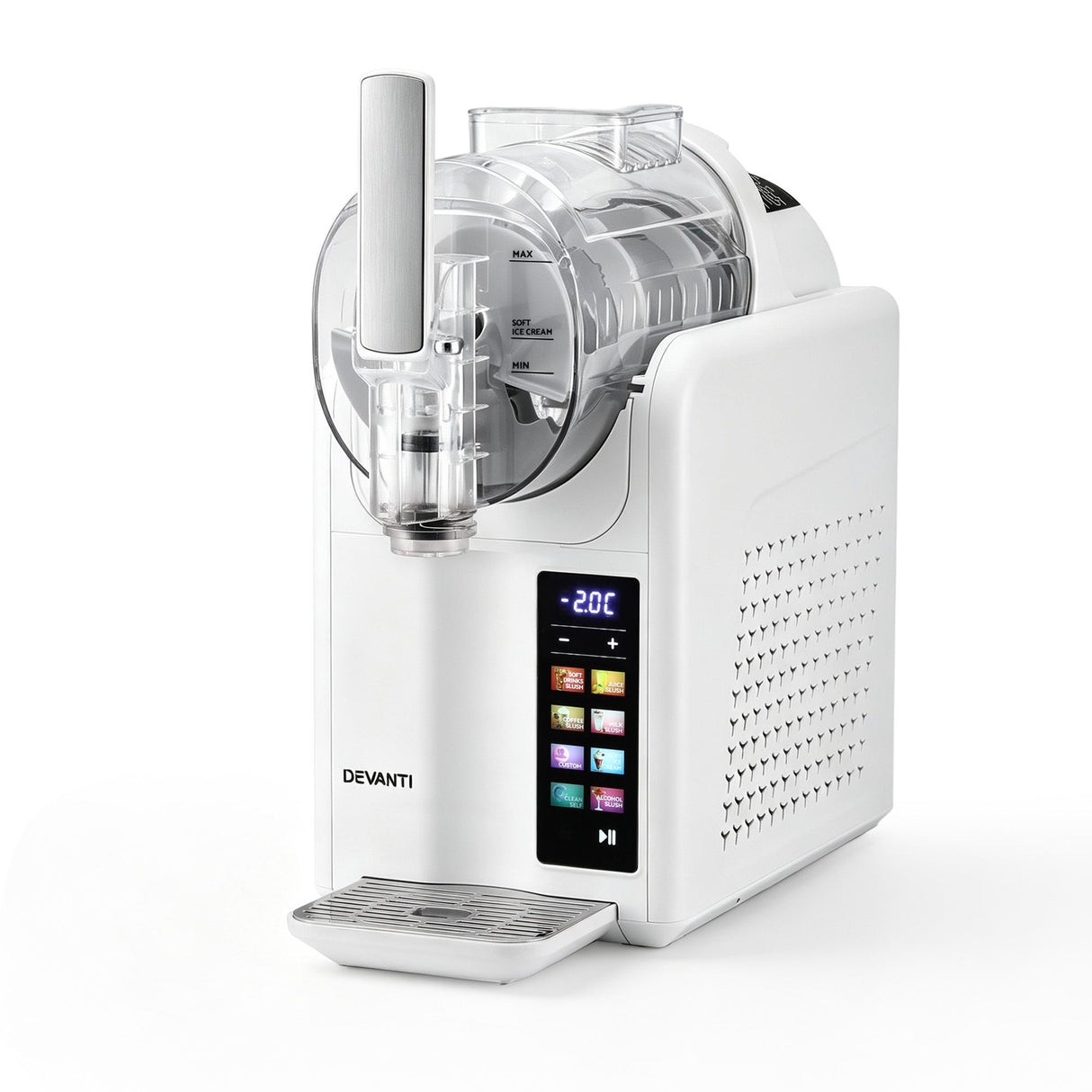 White slushie machine dispensing a frozen drink into a glass