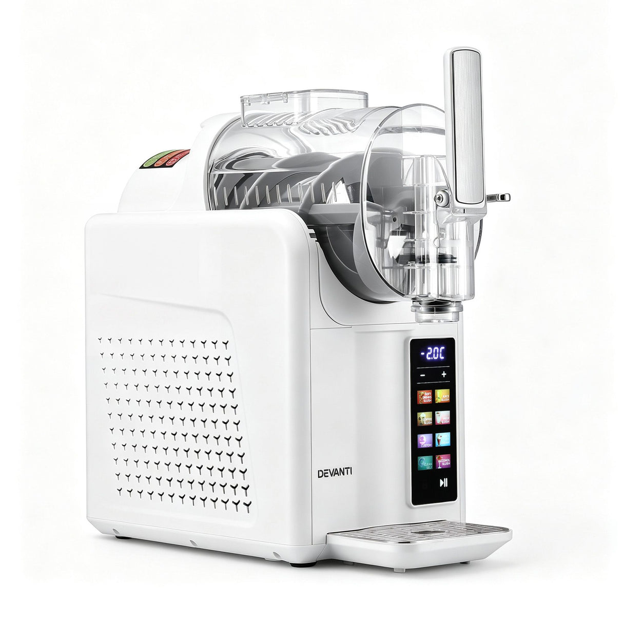 Transparent cover on the white slushie machine showing the mixture inside