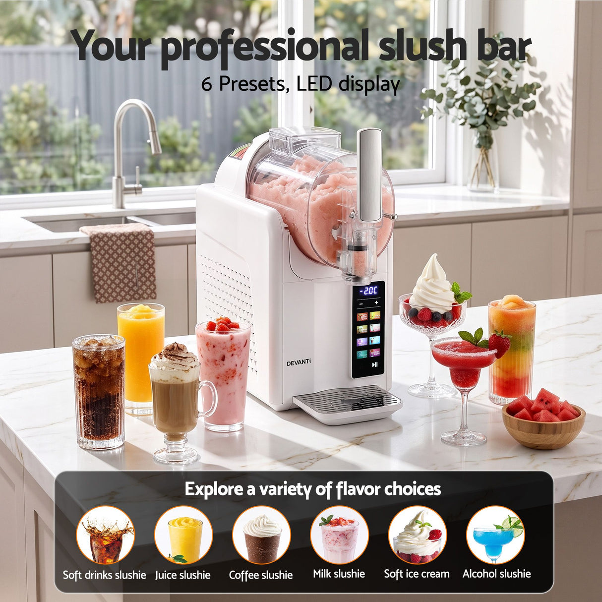 White slushie machine on a kitchen bench with cocktail slush served alongside