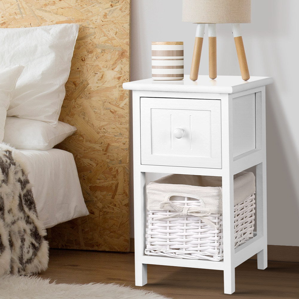 Fingal Head Drawer Basket Bedside Table, White 2pcs