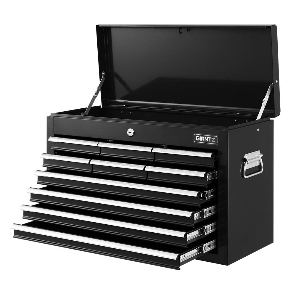 Black steel tool chest dimensions view