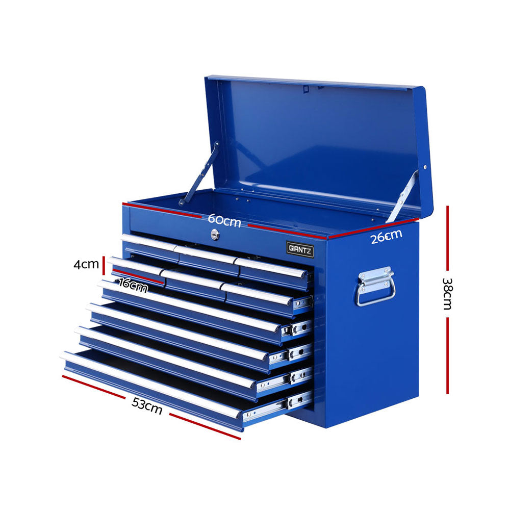 Blue 10 drawer tool chest with drawers open