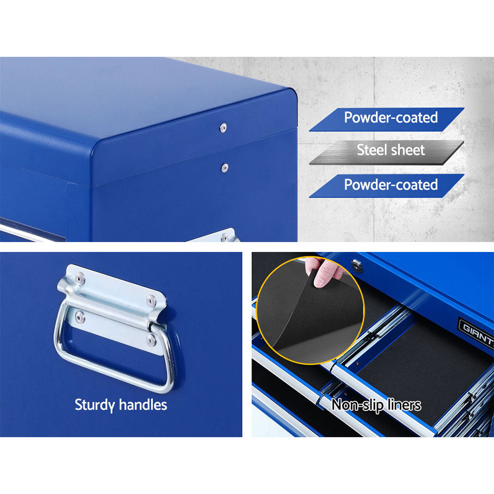 Blue steel tool chest side view