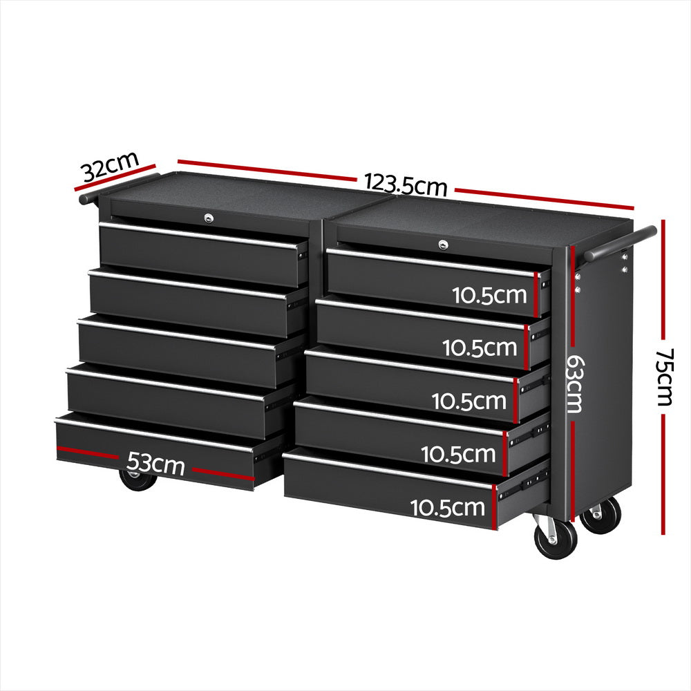 Tool chest trolley with 10 drawers in black