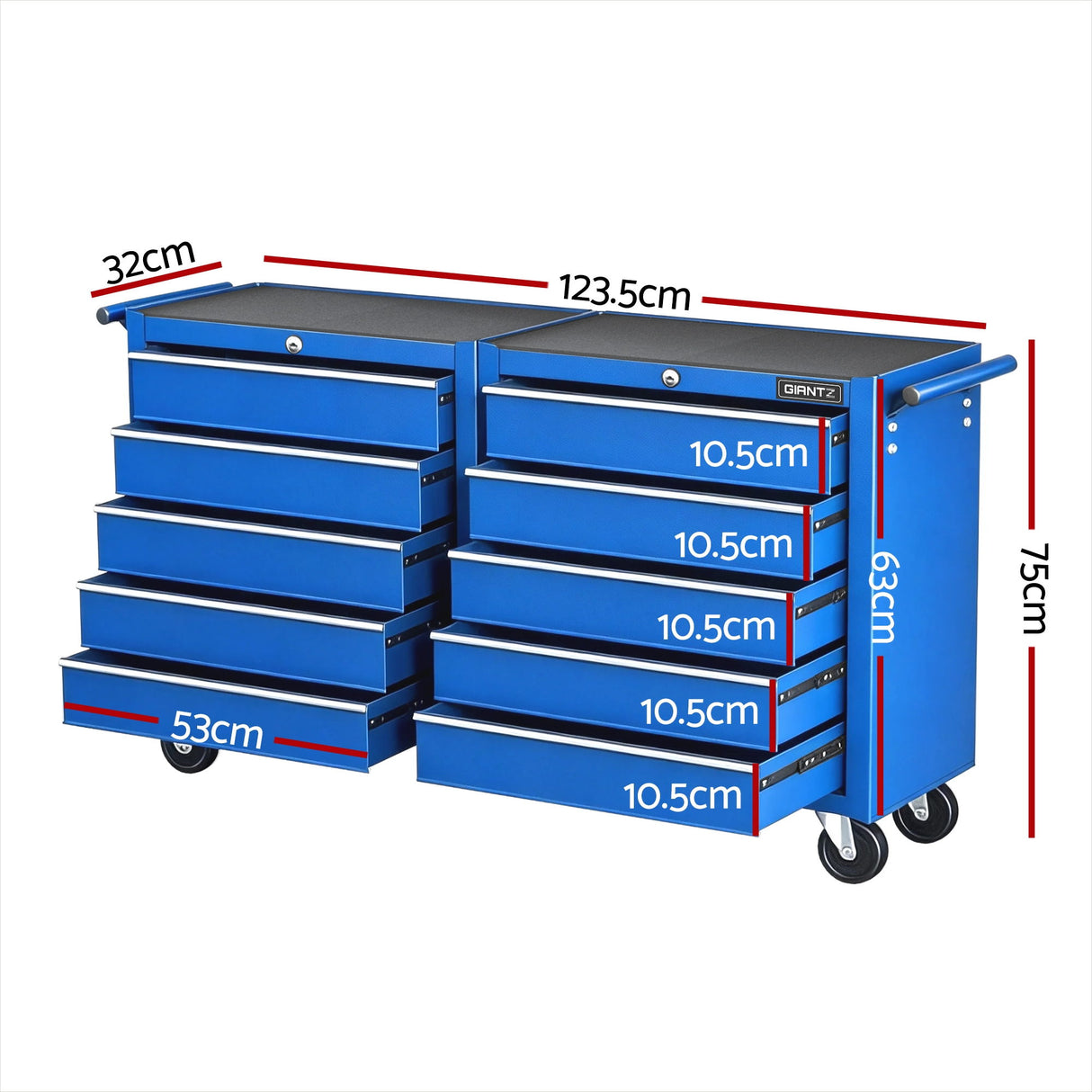 Tool chest trolley with 10 drawers in blue