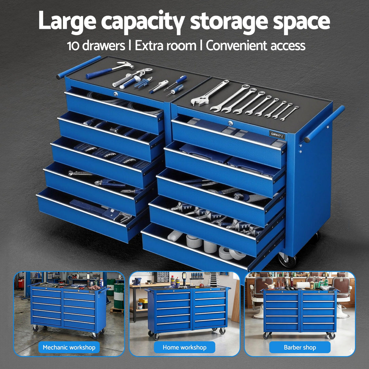 Tool chest trolley with 10 drawers in blue