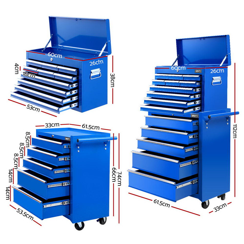 15 drawer 2 in 1 tool chest and trolley in blue