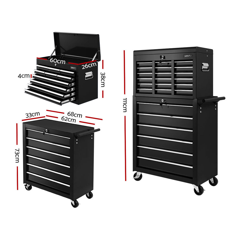 Tool Cabinet Chest Trolley, 16 Drawers Black 68cm