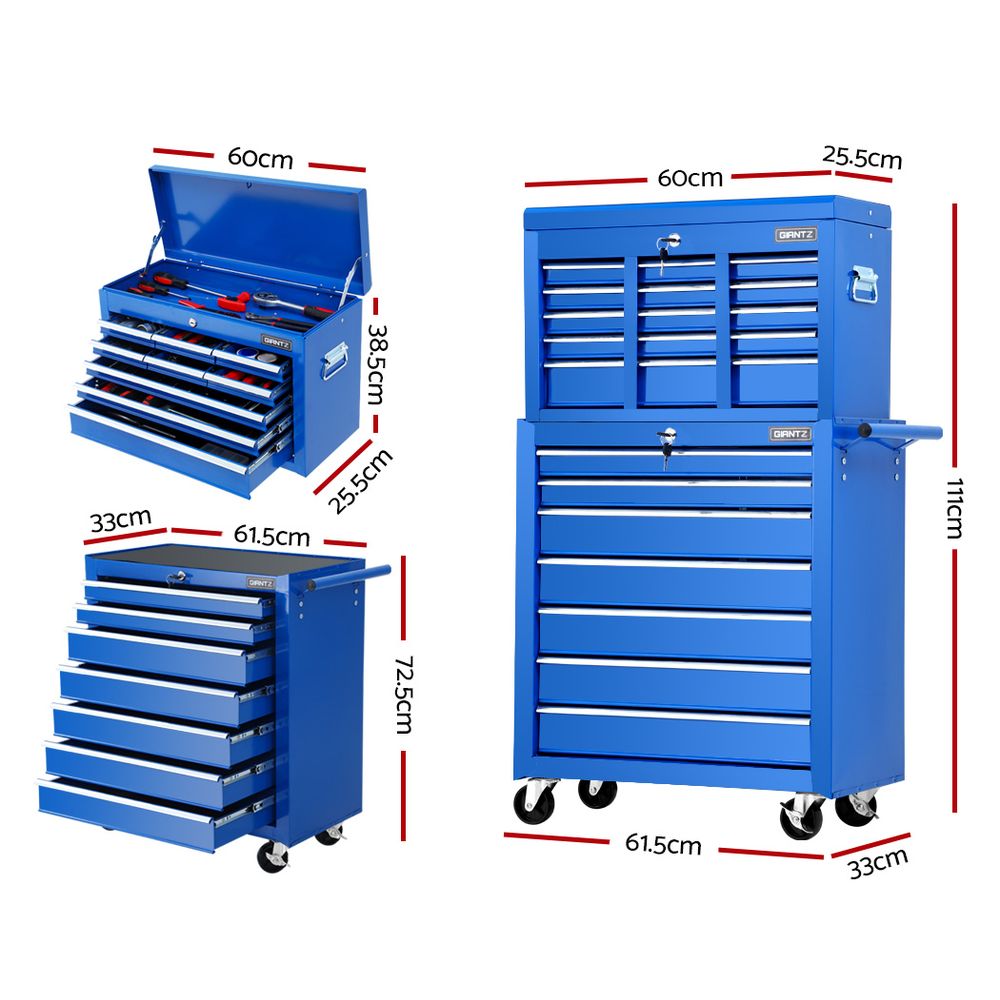Tool Chest and Trolley Cabinet, 16 Drawers Blue