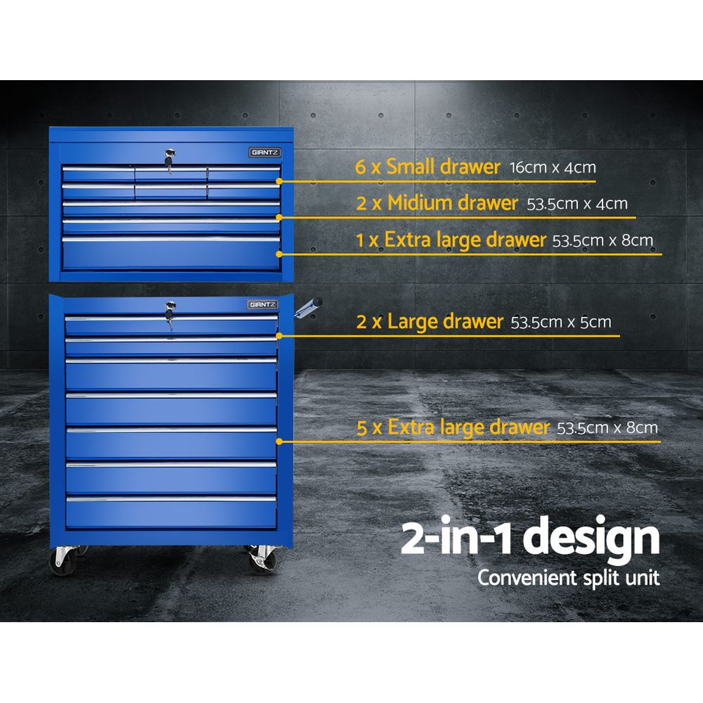 Tool Chest and Trolley Cabinet, 16 Drawers Blue