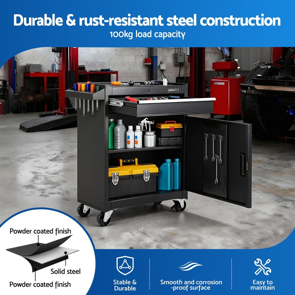 Rolling Tool Cabinet Trolley 1 Drawer with Cabinet Black