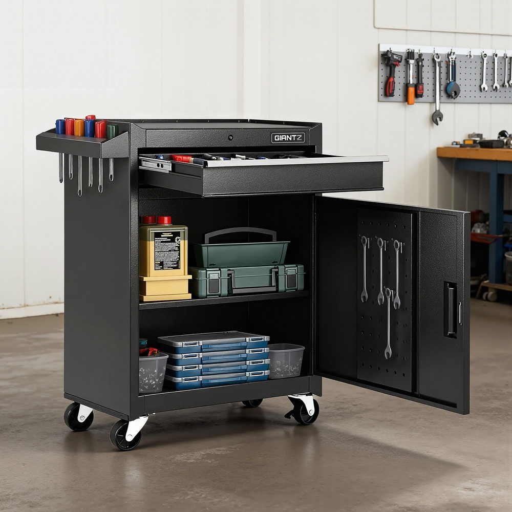 Rolling Tool Cabinet Trolley 1 Drawer with Cabinet Black