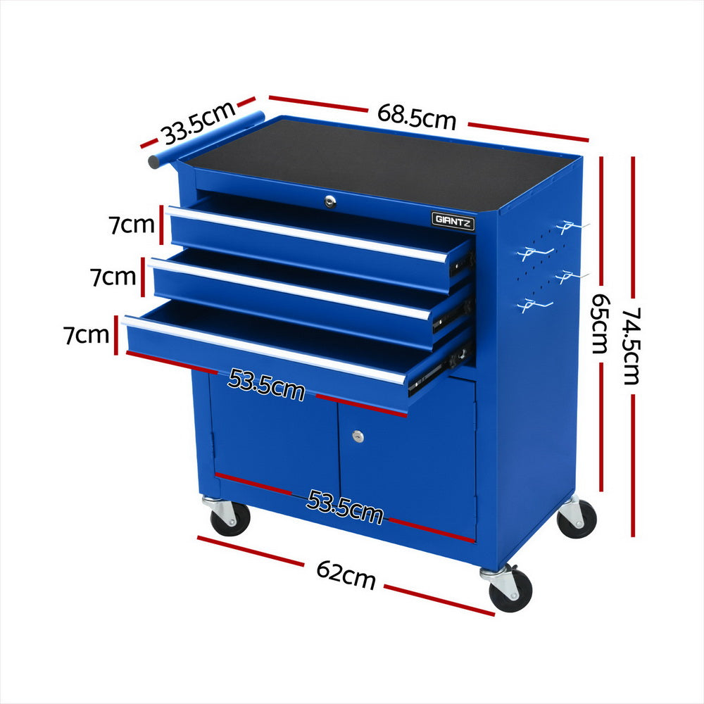 3 Drawer Tool Trolley Cabinet with Door Blue