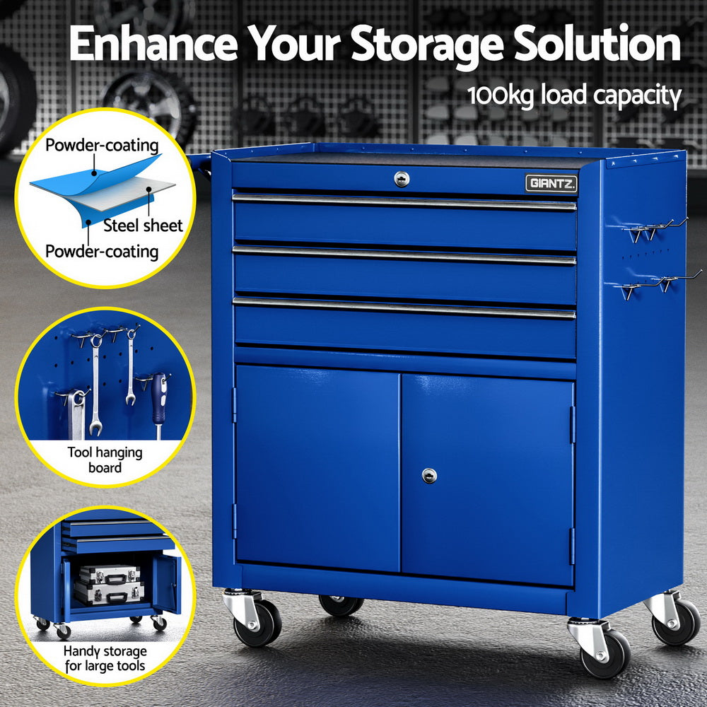 3 Drawer Tool Trolley Cabinet with Door Blue
