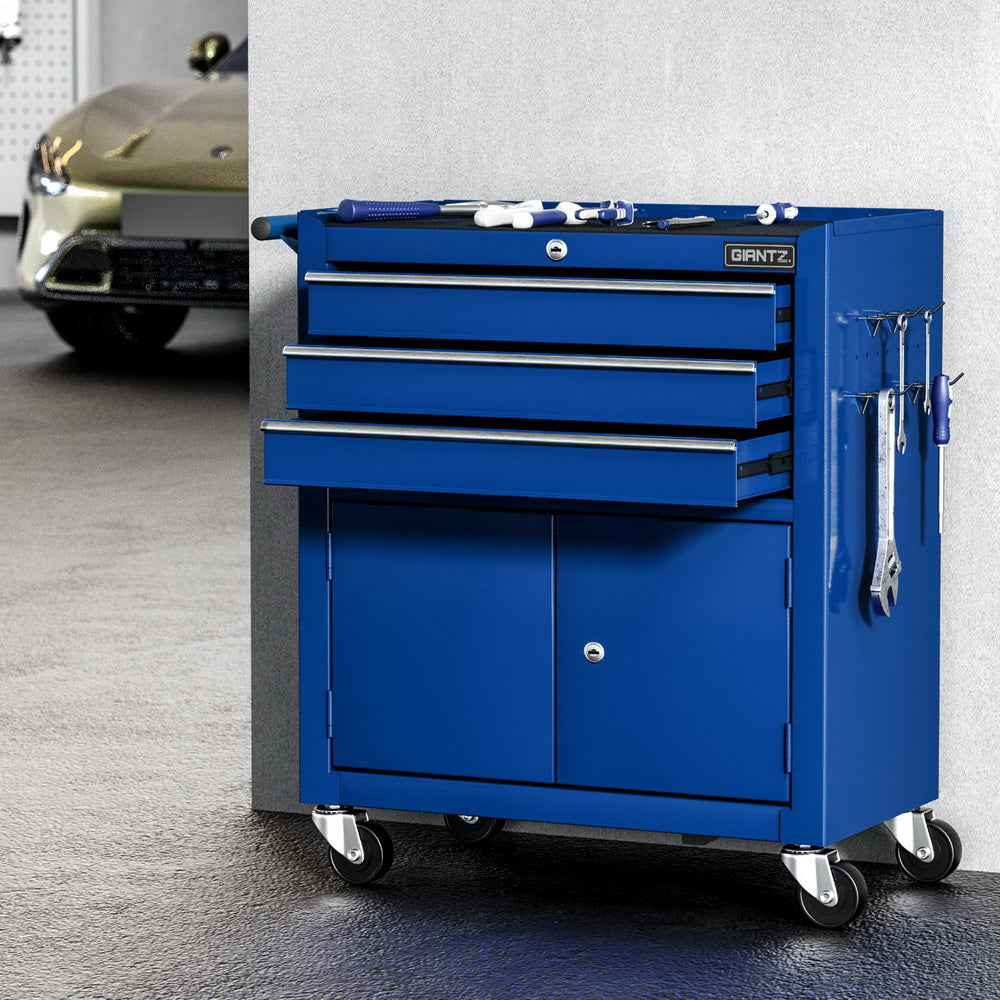 3 Drawer Tool Trolley Cabinet with Door Blue