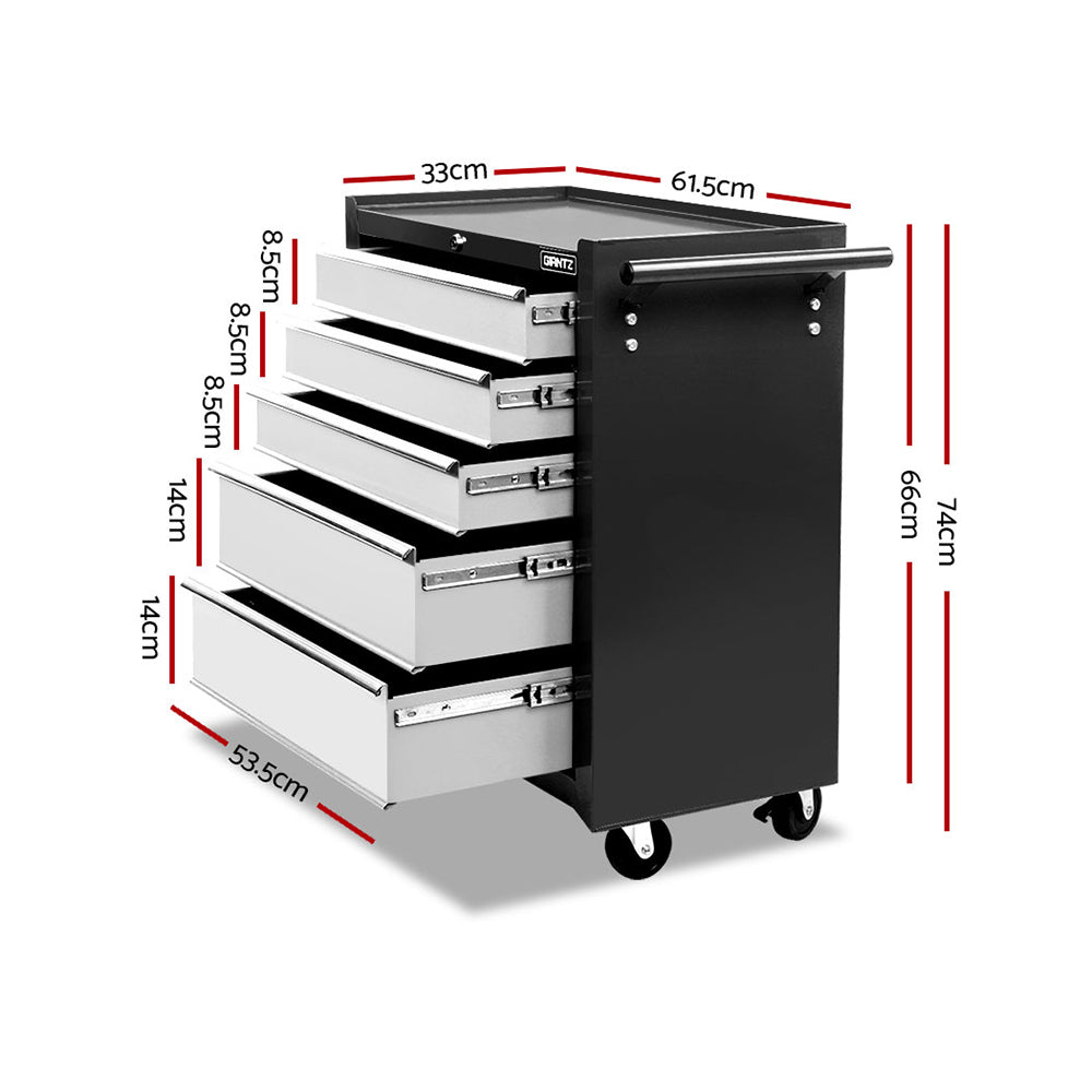 5 Drawer Roller Tool Cabinet Trolley Black and Grey