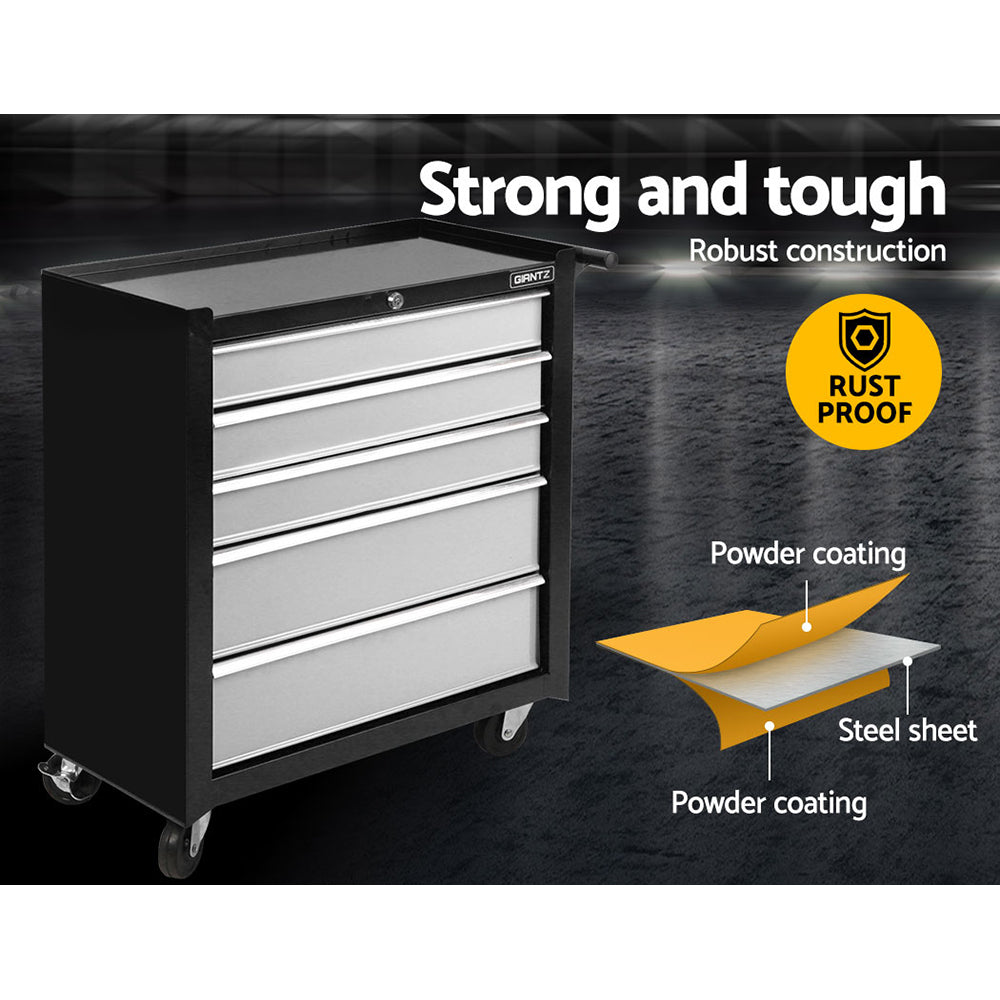 5 Drawer Roller Tool Cabinet Trolley Black and Grey