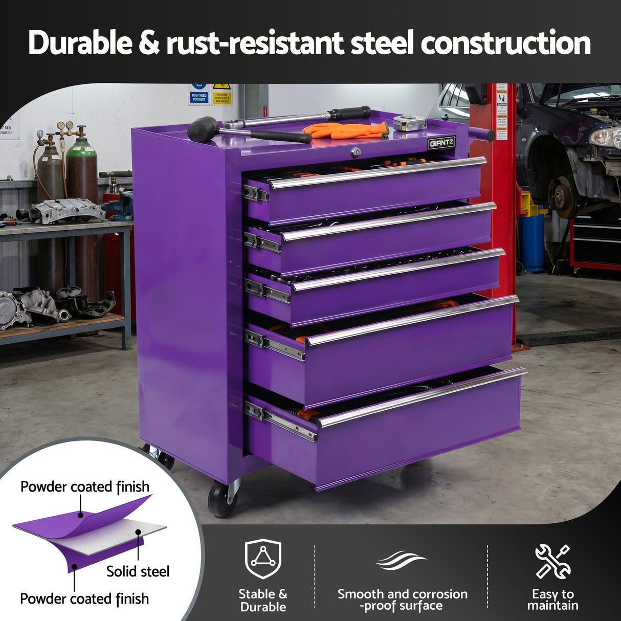 Tool Trolley Cabinet, 5 Drawers Purple