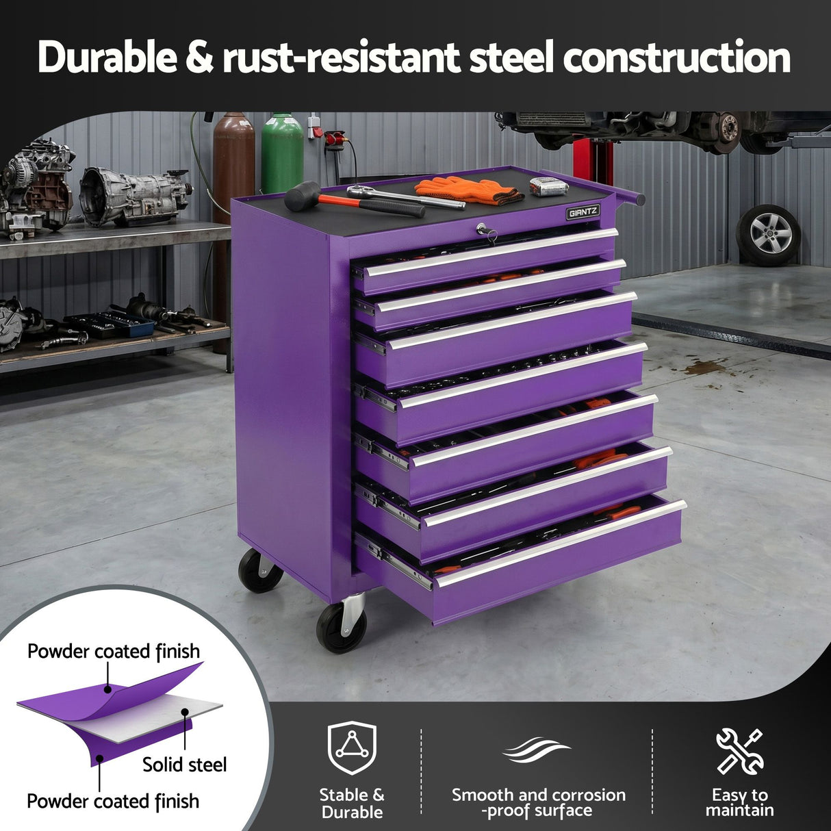 Tool Trolley Cabinet, 7 Drawers Purple