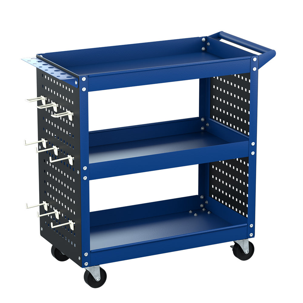 3 tier tool cart trolley with pegboard blue