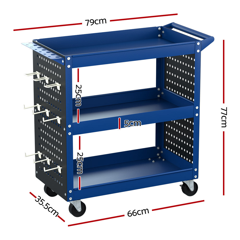 3 tier tool cart trolley with pegboard blue