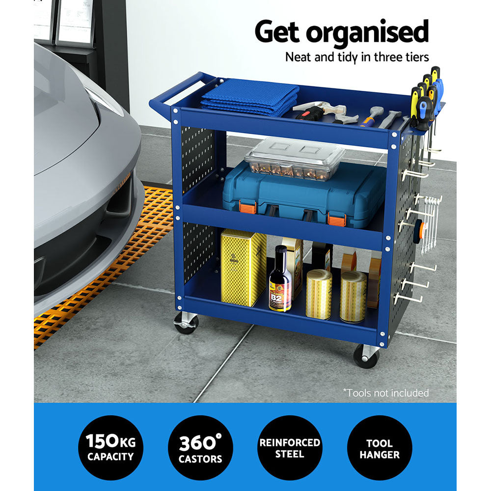 3 tier tool cart trolley with pegboard blue