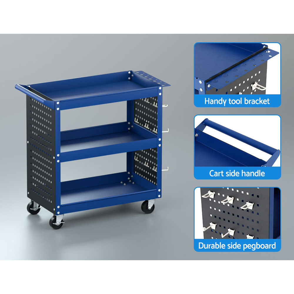 3 tier tool cart trolley with pegboard blue