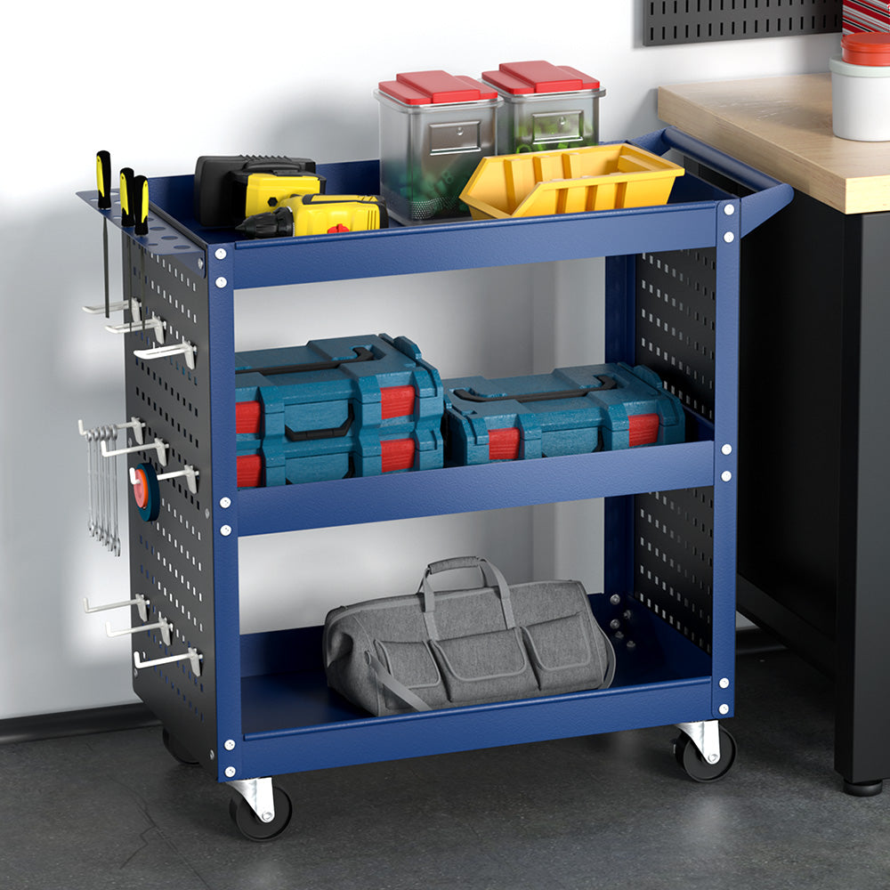 3 tier tool cart trolley with pegboard blue