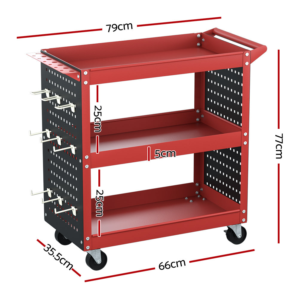 3 tier tool cart trolley with pegboard red