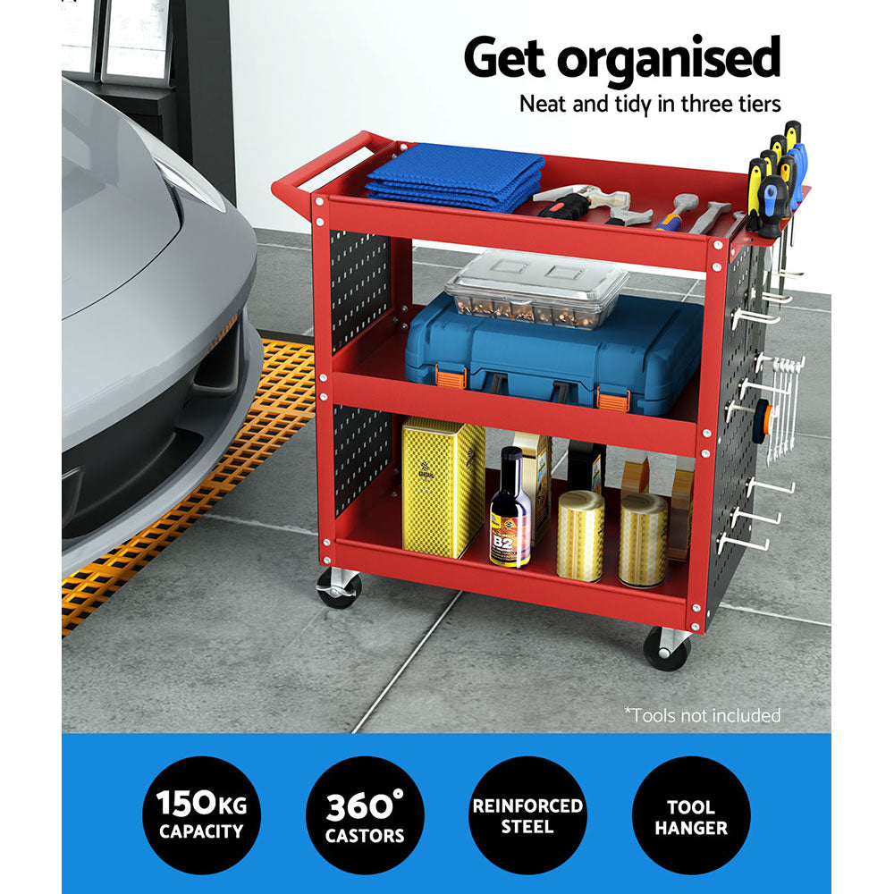 3 tier tool cart trolley with pegboard red