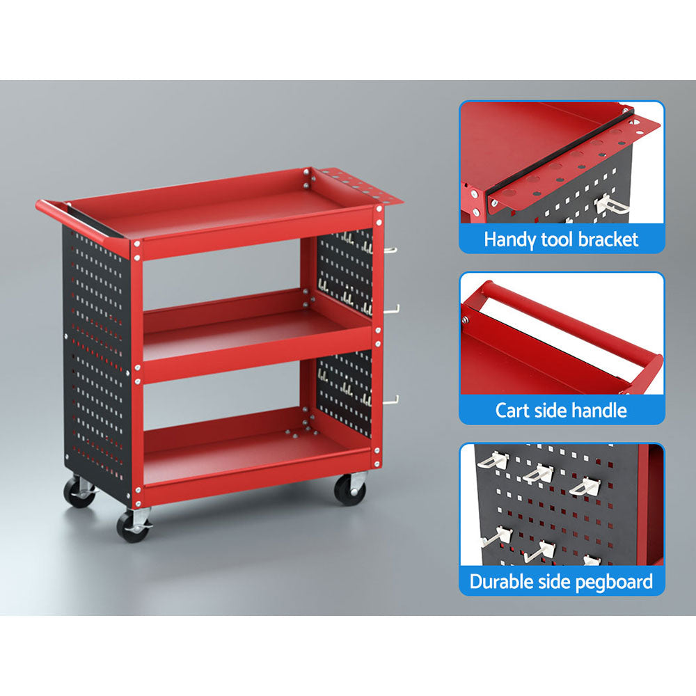 3 tier tool cart trolley with pegboard red