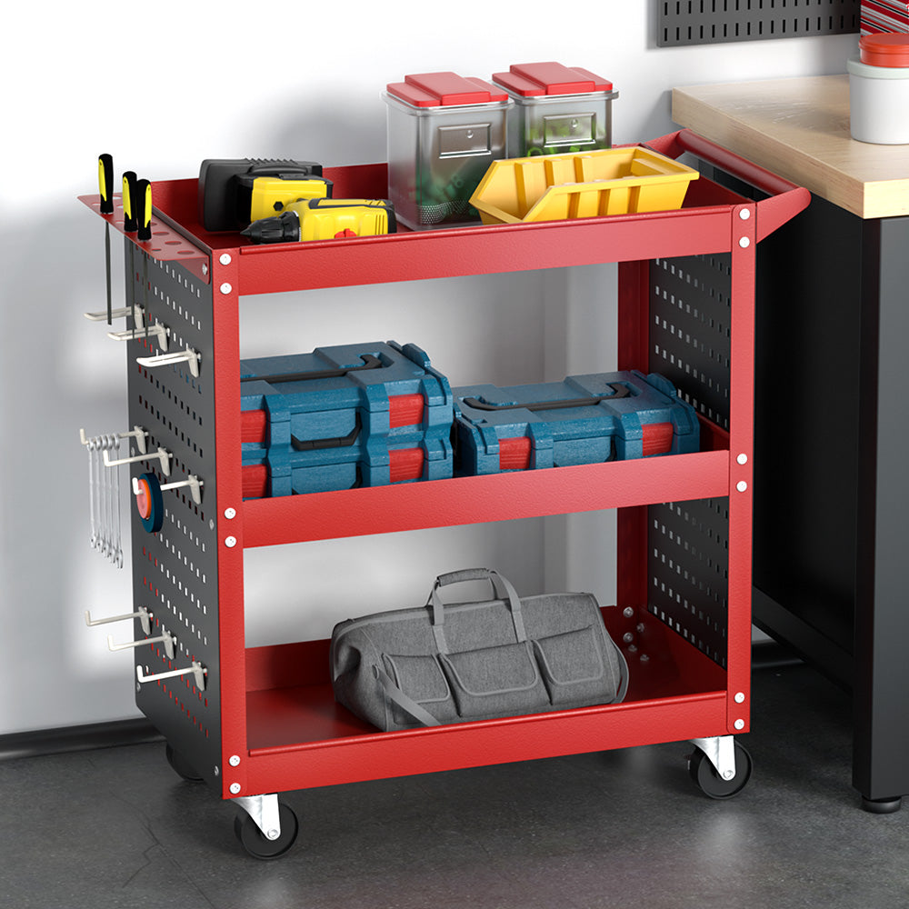 3 tier tool cart trolley with pegboard red