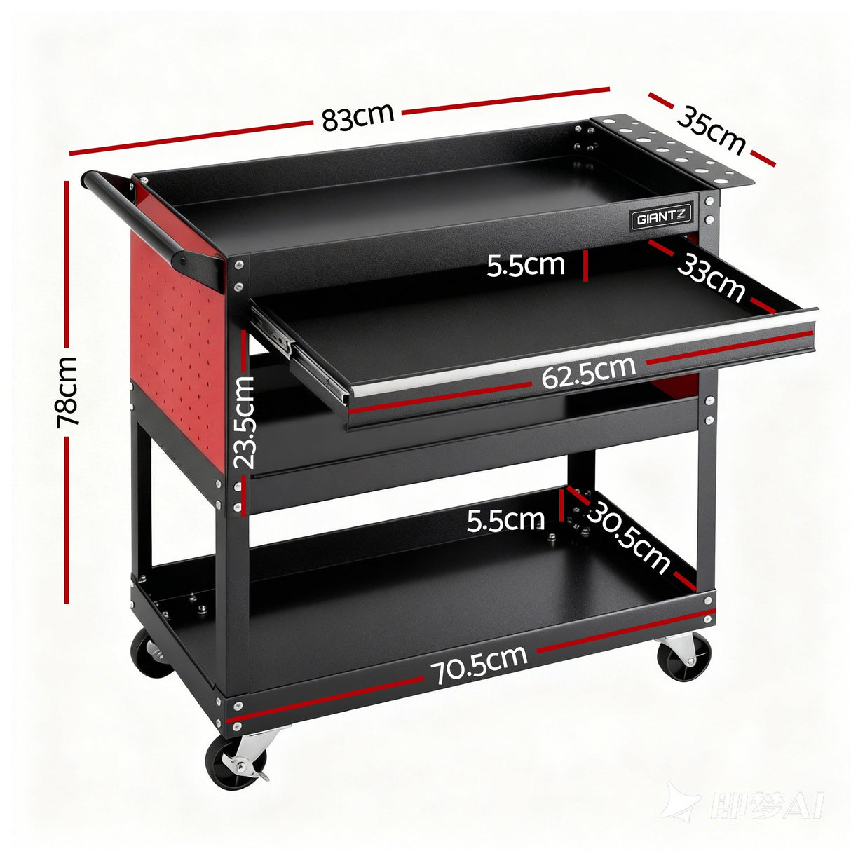 Steel Tool Trolley Cart with Drawer and Pegboard side pegboard