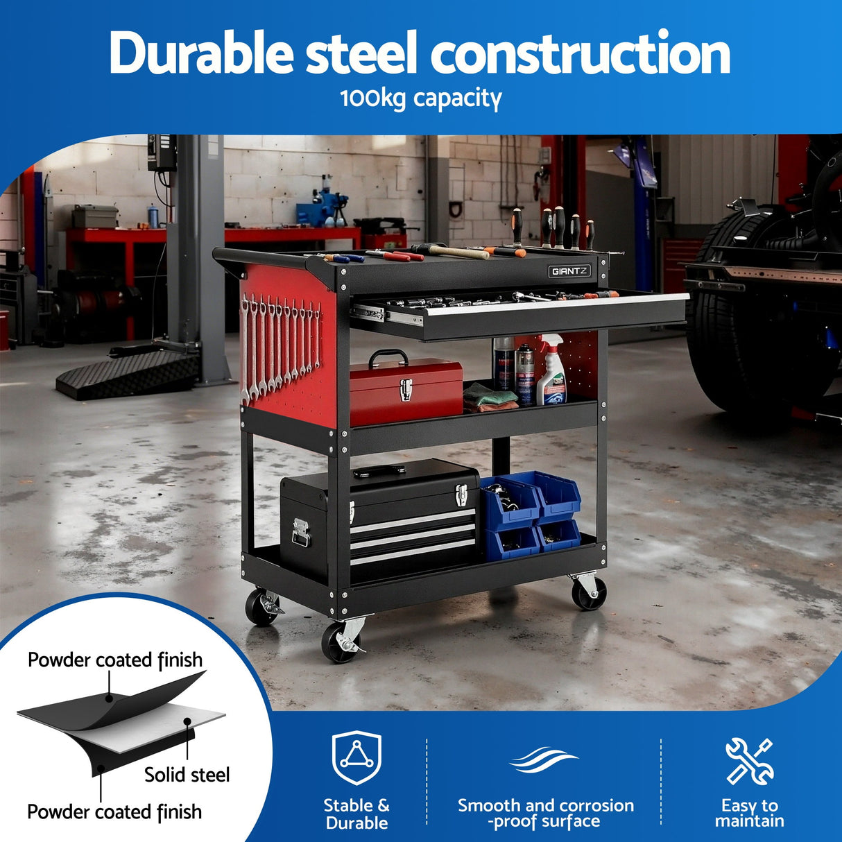 Steel Tool Trolley Cart with Drawer and Pegboard lockable casters