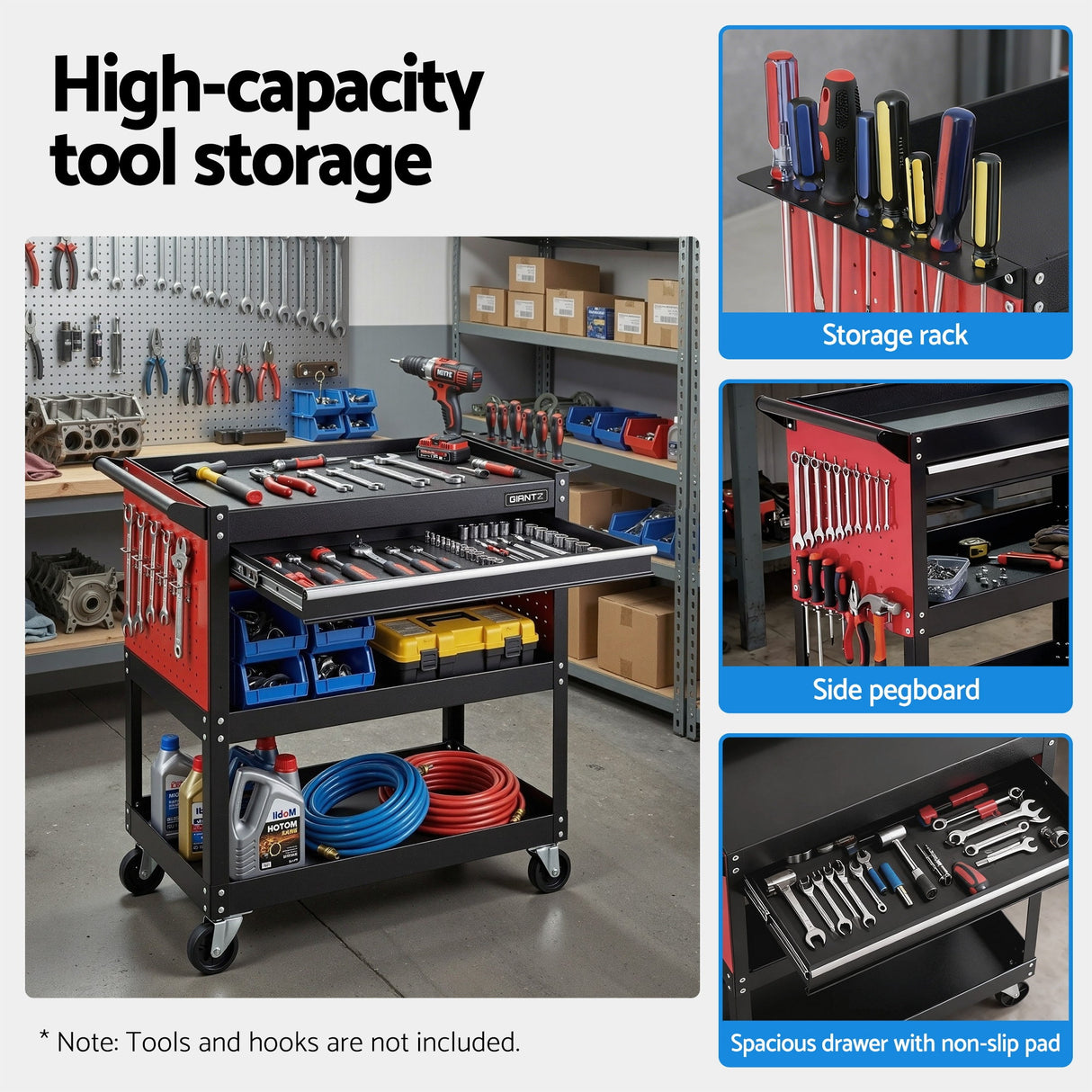 Steel Tool Trolley Cart with Drawer and Pegboard in workshop