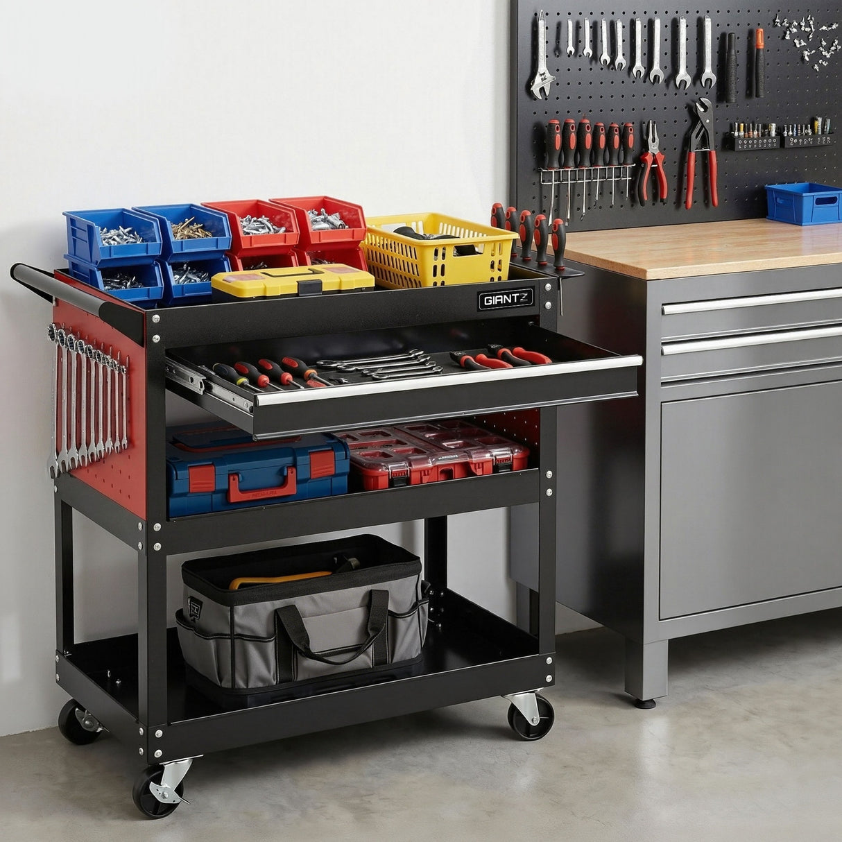 Steel Tool Trolley Cart with Drawer and Pegboard 100kg Black and Red