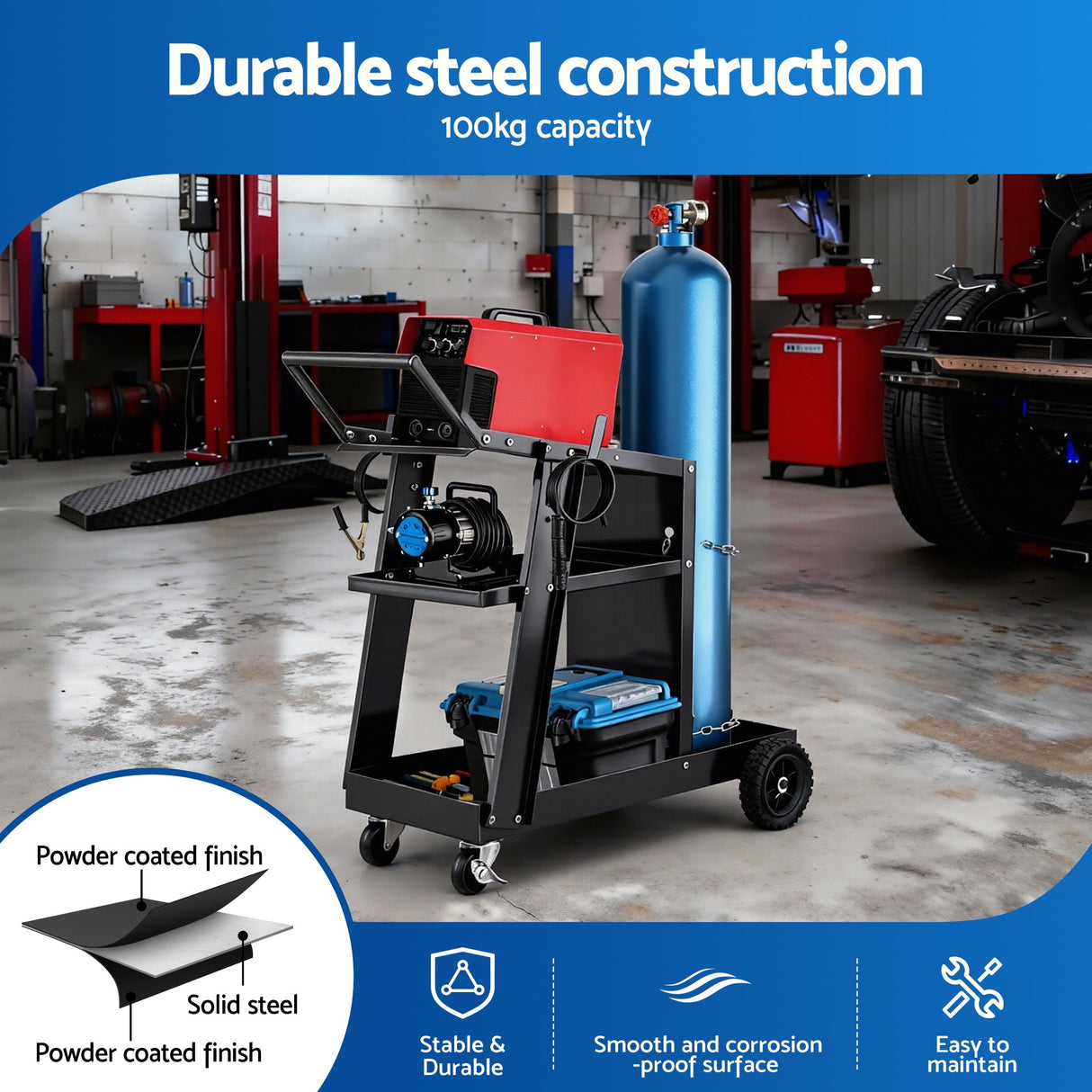 Steel welding trolley cart for MIG TIG and plasma welders black