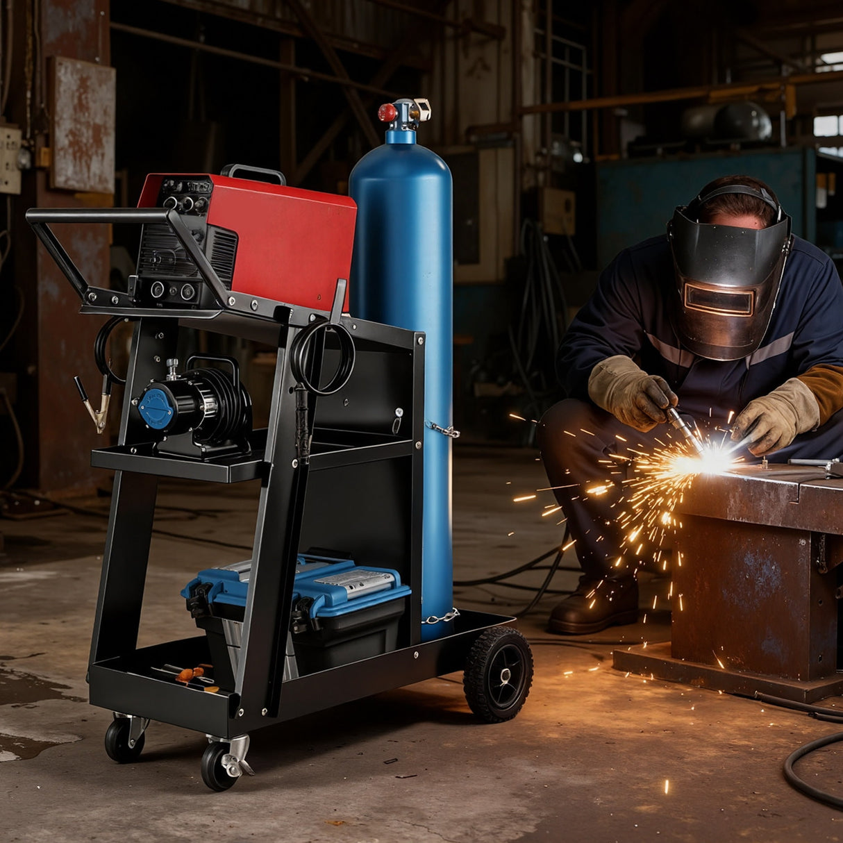 Barley black steel welding trolley cart holding welder and gas bottle