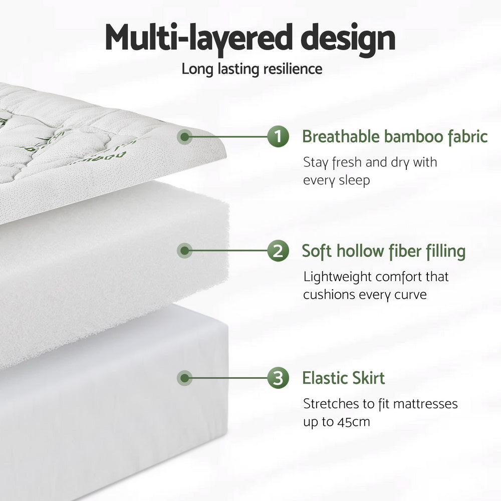 Giselle Bedding 5cm Bamboo Pillowtop Mattress Topper — King Single, 1000GSM — Allure Home Collections