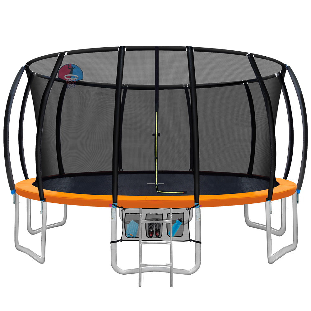 Orange 16ft round trampoline with full enclosure net and ladder