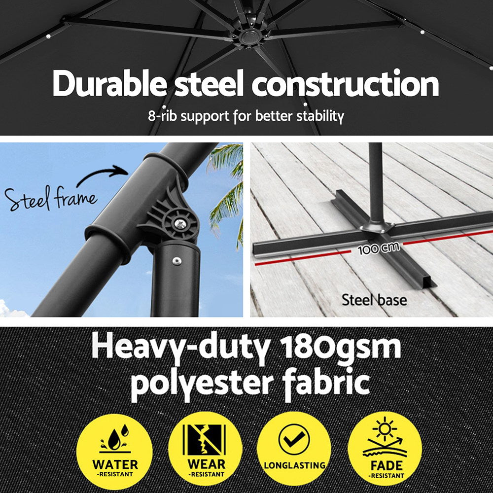 Instahut Cantilever LED Outdoor Umbrella — Solar Powered, UV50 Plus, Charcoal or Navy — Allure Home Collections