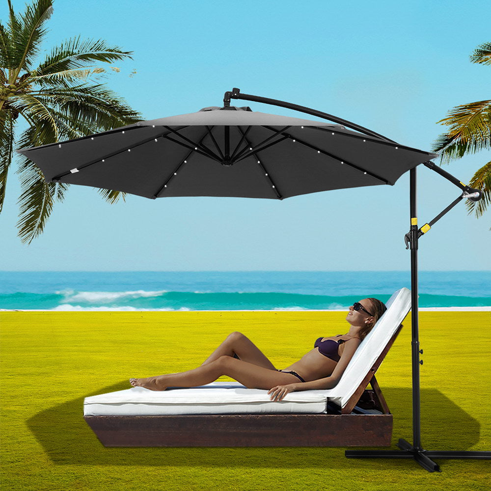 Instahut Cantilever LED Outdoor Umbrella — Solar Powered, UV50 Plus, Charcoal or Navy — Allure Home Collections