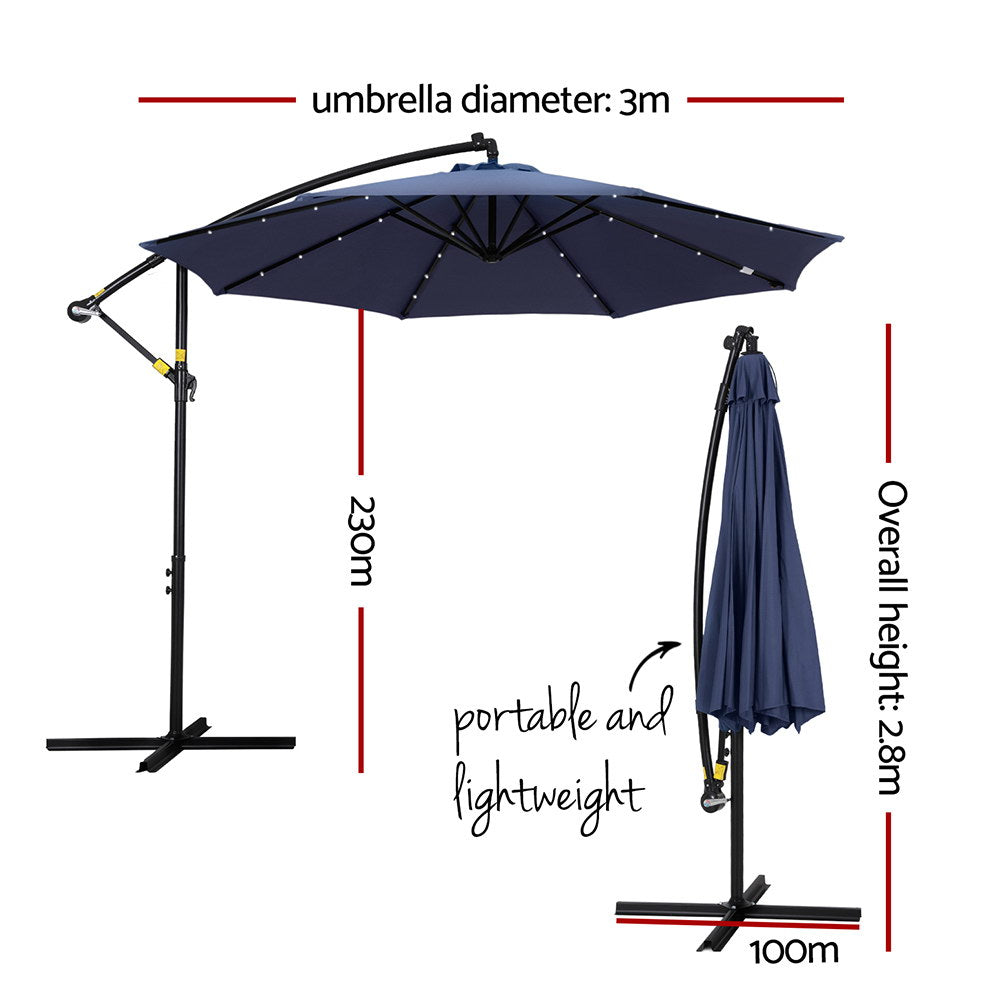 Instahut Cantilever LED Outdoor Umbrella — Solar Powered, UV50 Plus, Charcoal or Navy — Allure Home Collections