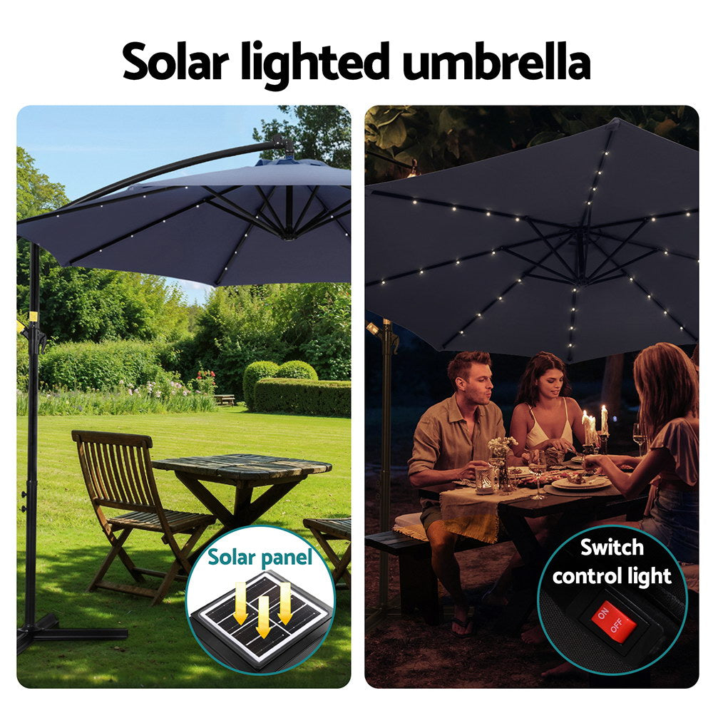 Instahut Cantilever LED Outdoor Umbrella — Solar Powered, UV50 Plus, Charcoal or Navy — Allure Home Collections