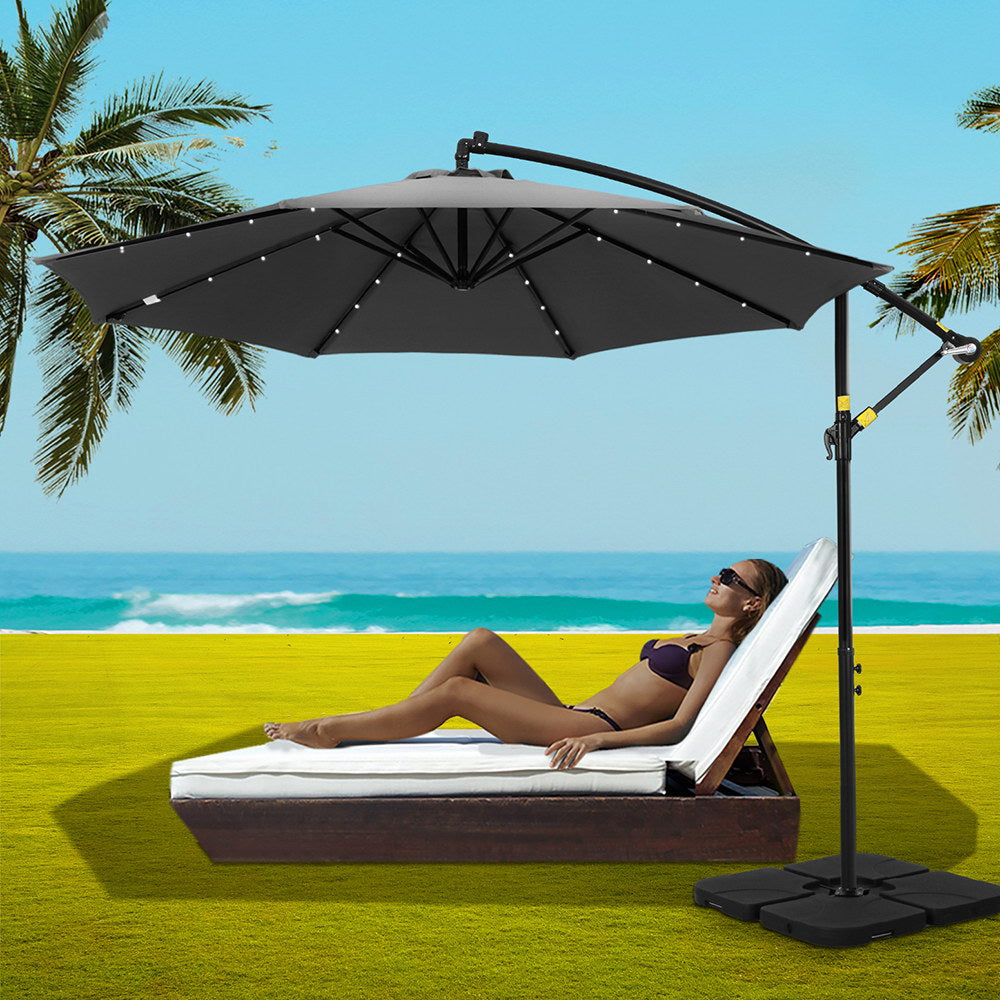 Instahut Cantilever LED Outdoor Umbrella with Base — UPF 50 Plus, Charcoal or Navy — Allure Home Collections