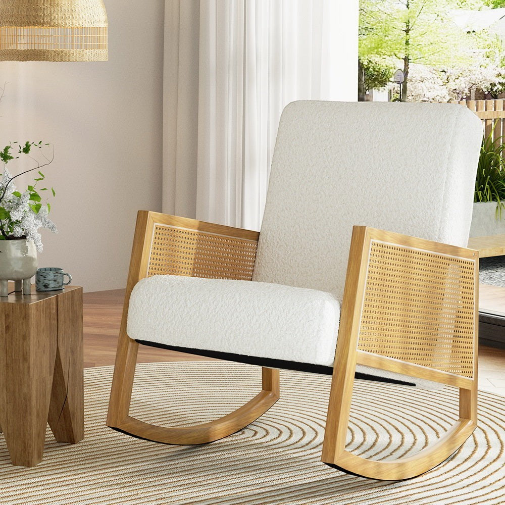 Mount Wilson white teddy fleece rocking chair in a modern living room