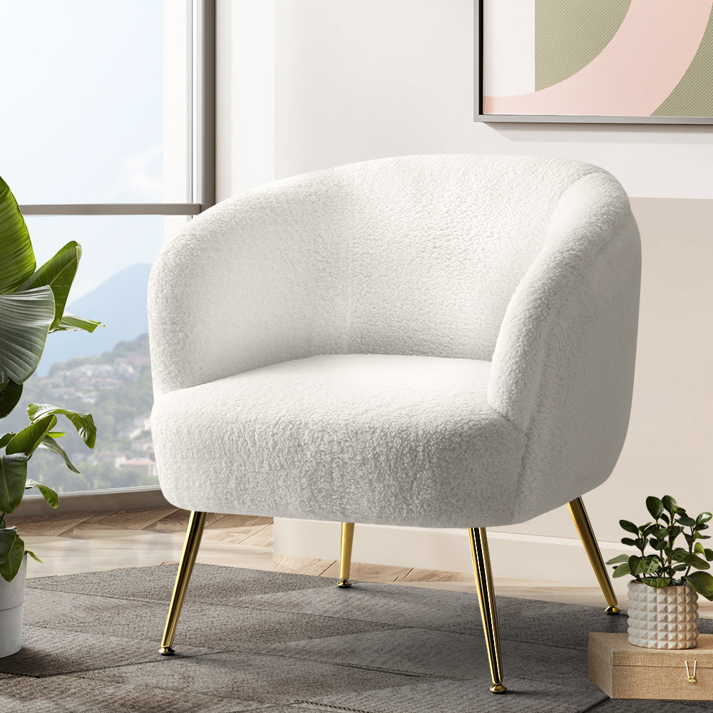 Blaxland white sherpa fleece accent chair in a modern living room