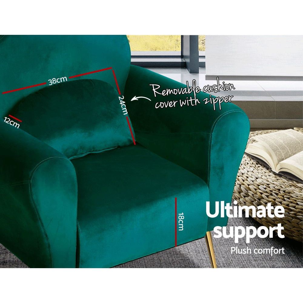 Artiss Caroline Green Velvet Armchair with Golden Legs