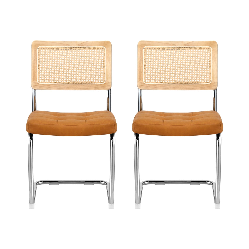 PU Leather Rattan Cantilever Dining Chairs — Brown, Set of 2 — Allure Home Collections