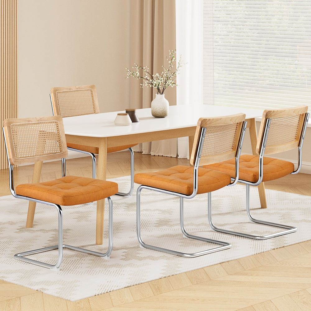 PU Leather Rattan Cantilever Dining Chairs — Brown, Set of 4 — Allure Home Collections